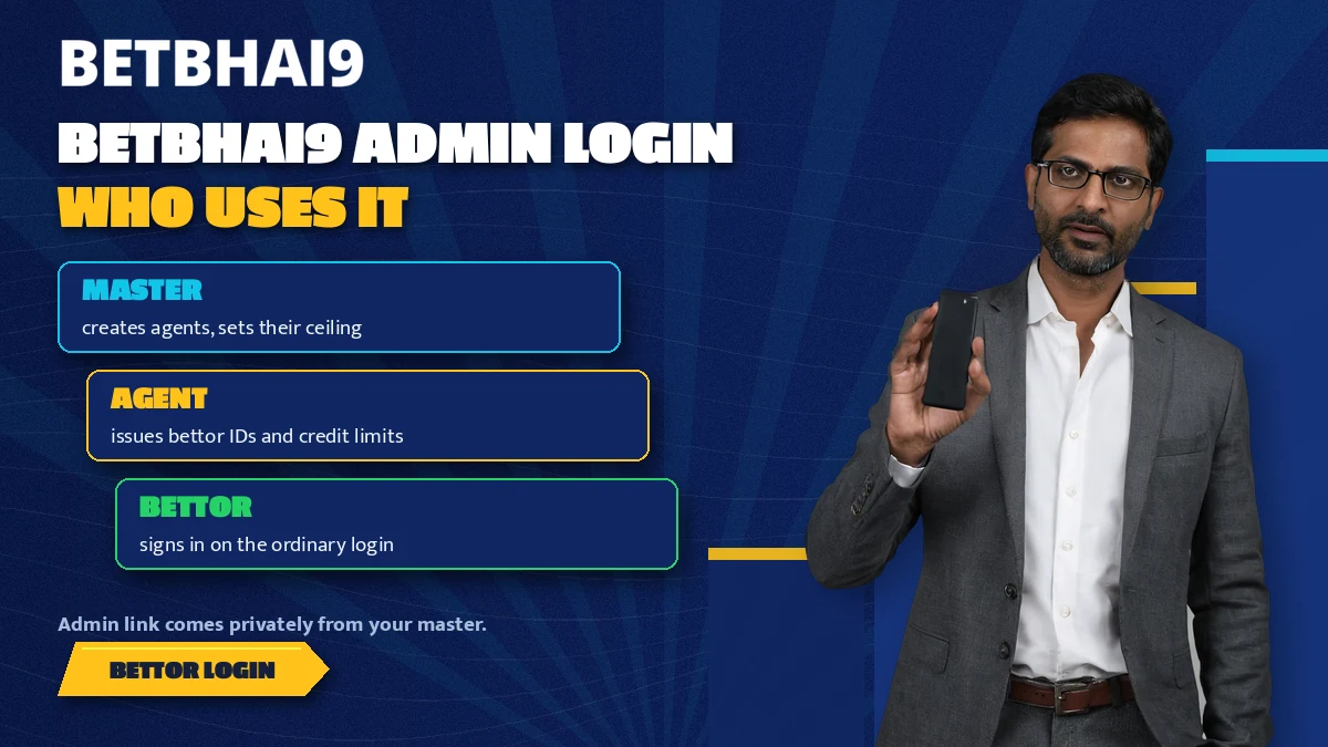 Manager in a blazer explaining which Betbhai9 admin login tier, master, agent or bettor, each person uses