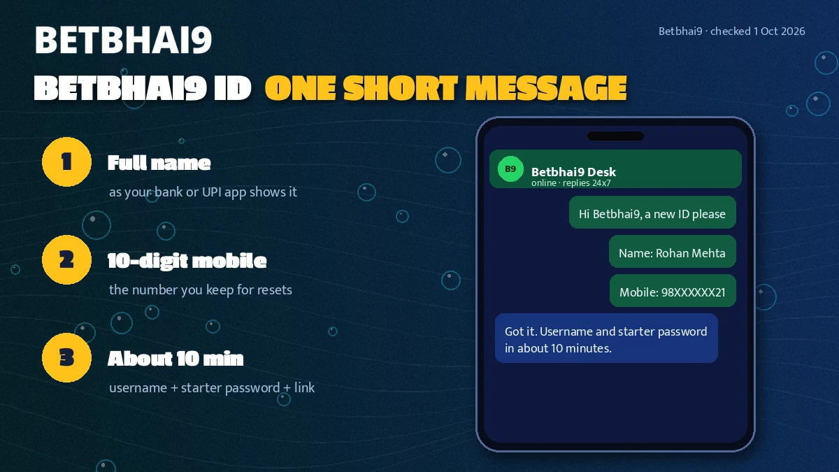 Phone screen showing a short WhatsApp request for a new Betbhai9 account