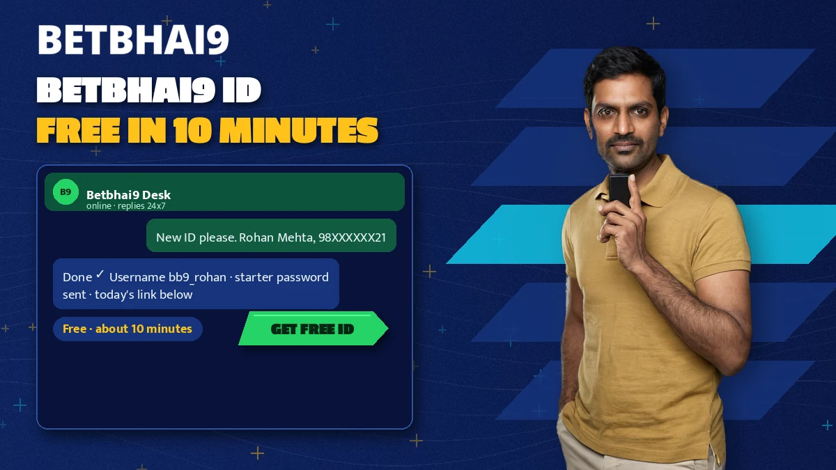 Cricket fan holding a phone while a new Betbhai9 username arrives in a chat