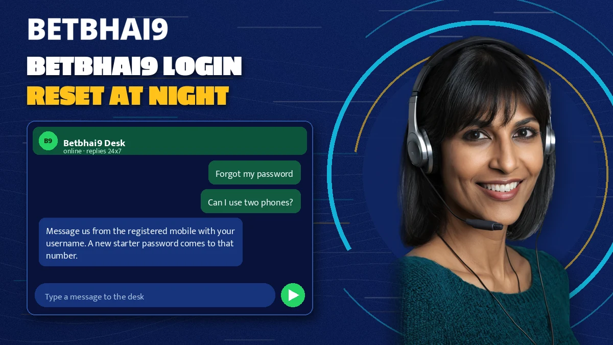 Desk agent with a headset answering Betbhai9 password reset chats at night