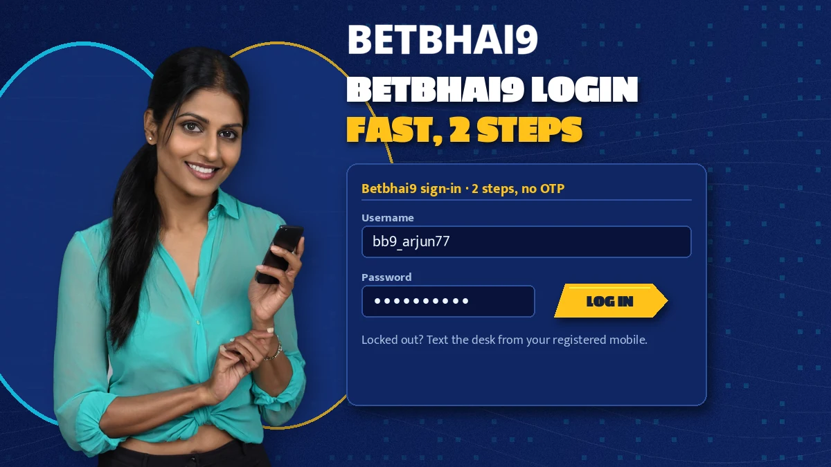 Bettor holding a phone with the Betbhai9 username and password boxes filled in