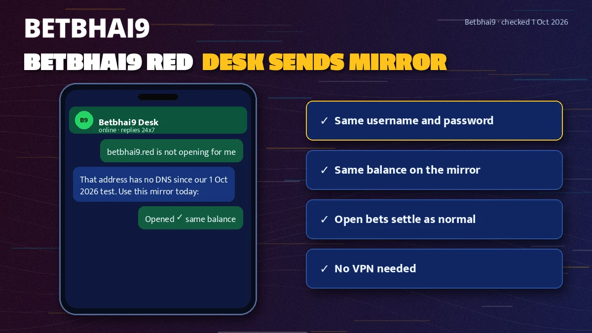 WhatsApp chat where the Betbhai9 desk sends a tested mirror address after betbhai9.red failed