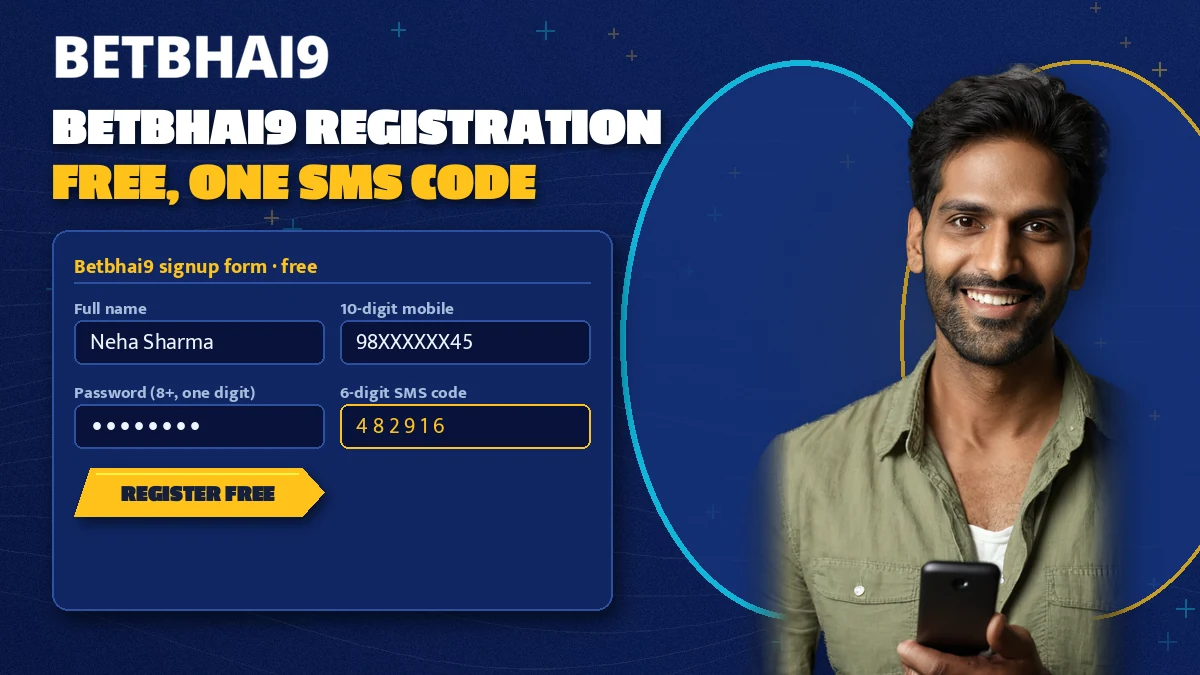 Smiling adult holding a phone while a one-time SMS code arrives for a new Betbhai9 account