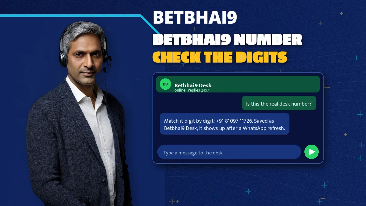 Desk agent with a headset checking a saved Betbhai9 contact against the printed digits