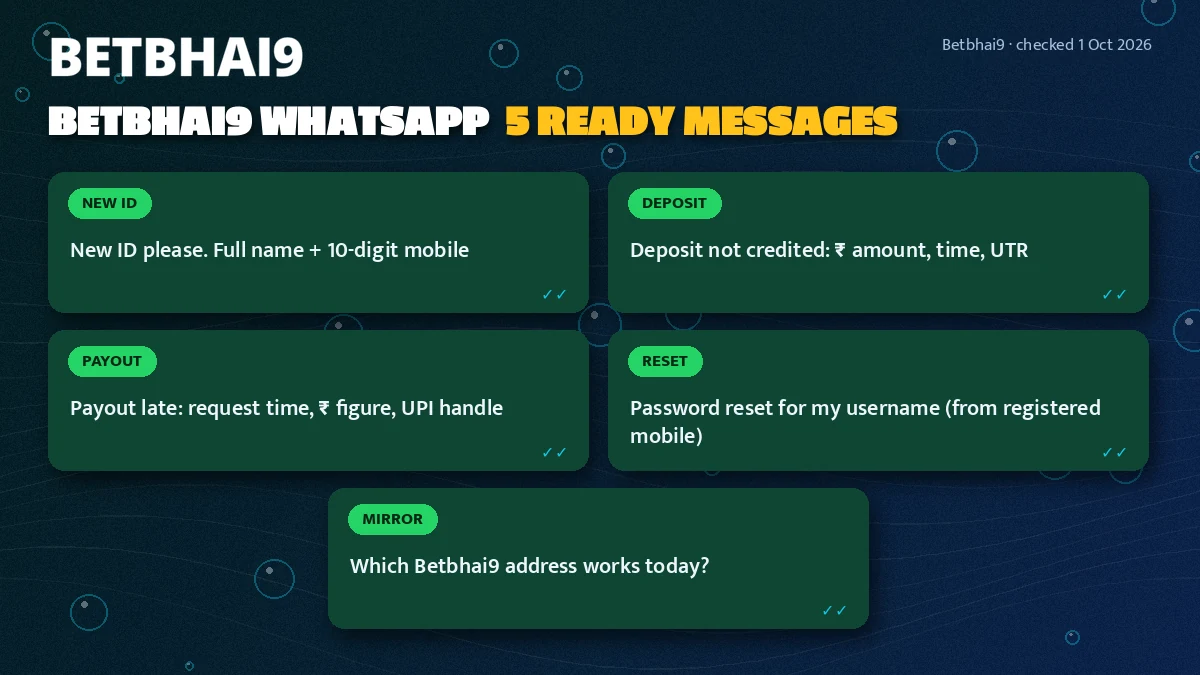 Five sample Betbhai9 desk messages laid out as chat bubbles, one per request type