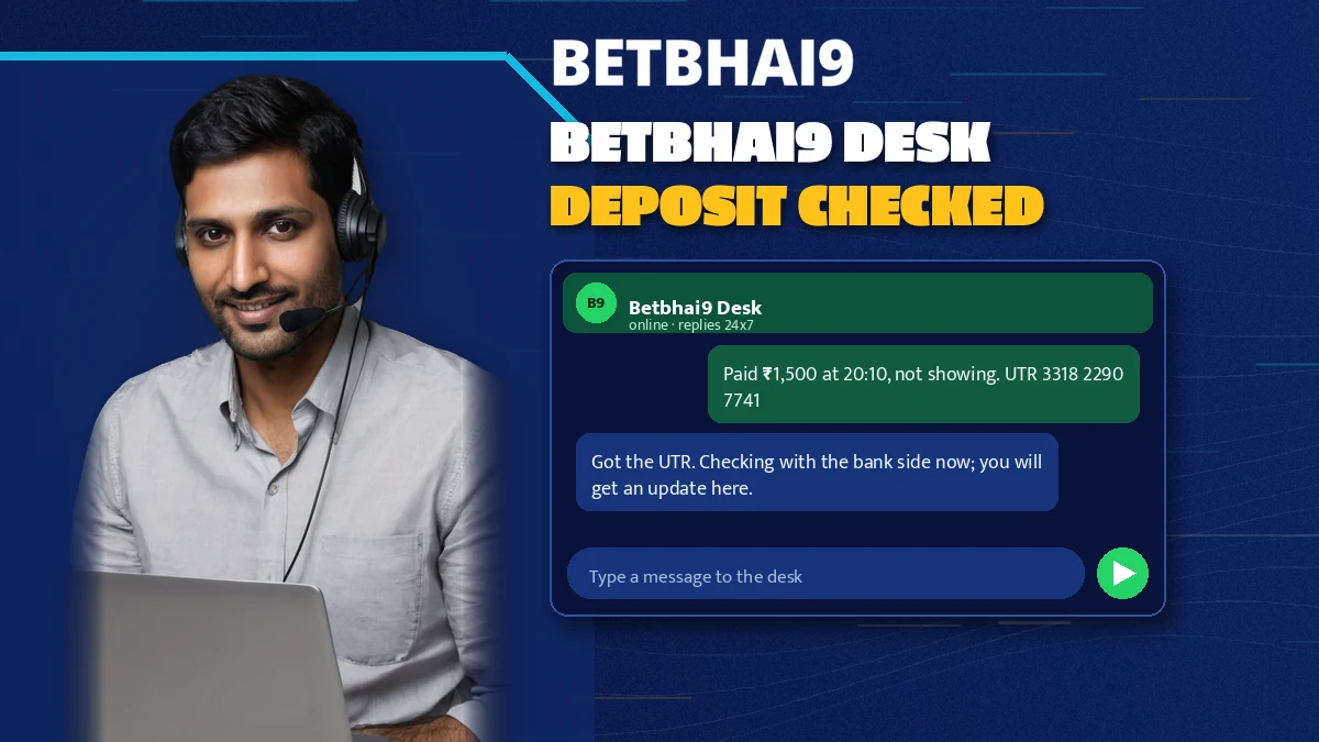 Support agent with a headset replying to a bettor's chat about a pending deposit reference