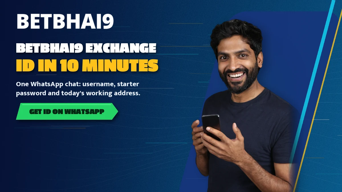 Smiling cricket fan holding a phone that shows an evening match line on the Betbhai9 exchange