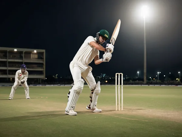 Batter driving through the off side under floodlights, the tile that opens cricket markets