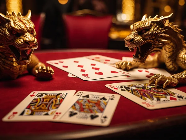 Two single cards dealt face up under dragon and tiger artwork on a felt table