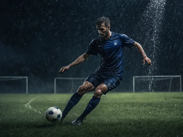 Striker shooting at goal on a wet night pitch, the football markets tile