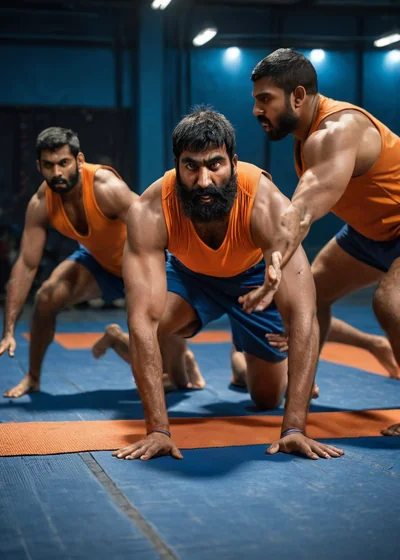 Kabaddi raider stretching for the line while two defenders close in on the mat